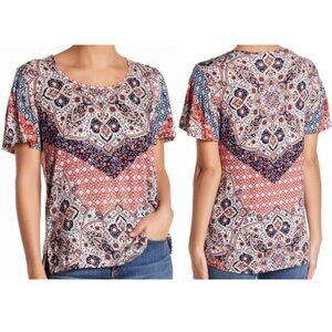 Alkamy Women's Flutter Sleeve Scoop Neck Printed Shirt Top Blouse Large NWT